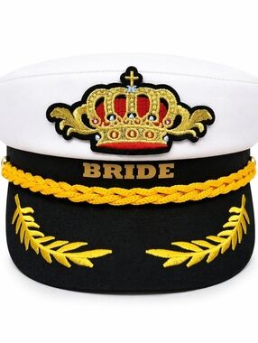Bride Embroidered Captain Hat in White, Black & Gold